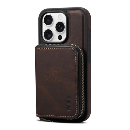 For iPhone 14 Pro Denior D26 Skin Feel MagSafe Zipper Bag Leather Phone Case(Coffee) - iPhone 14 Pro Cases by Denior | Online Shopping UK | buy2fix