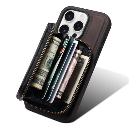 For iPhone 14 Pro Denior D26 Skin Feel MagSafe Zipper Bag Leather Phone Case(Coffee) - iPhone 14 Pro Cases by Denior | Online Shopping UK | buy2fix