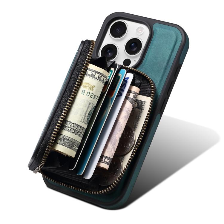 For iPhone 14 Pro Denior D26 Skin Feel MagSafe Zipper Bag Leather Phone Case(Blue) - iPhone 14 Pro Cases by Denior | Online Shopping UK | buy2fix