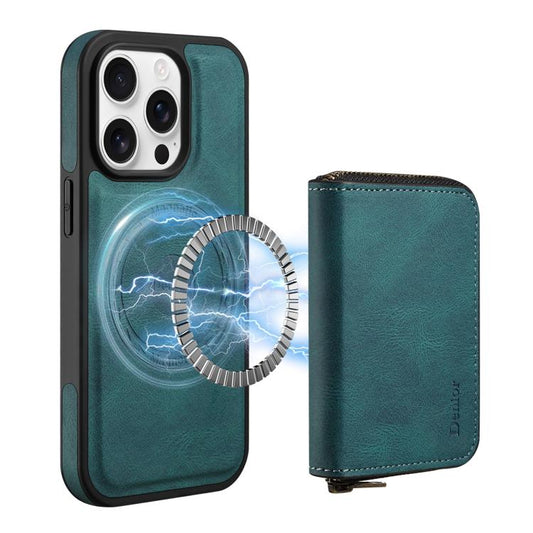 For iPhone 14 Pro Max Denior D26 Skin Feel MagSafe Zipper Bag Leather Phone Case(Blue) - iPhone 14 Pro Max Cases by Denior | Online Shopping UK | buy2fix