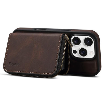For iPhone 13 Pro Max Denior D26 Skin Feel MagSafe Zipper Bag Leather Phone Case(Coffee) - iPhone 13 Pro Max Cases by Denior | Online Shopping UK | buy2fix