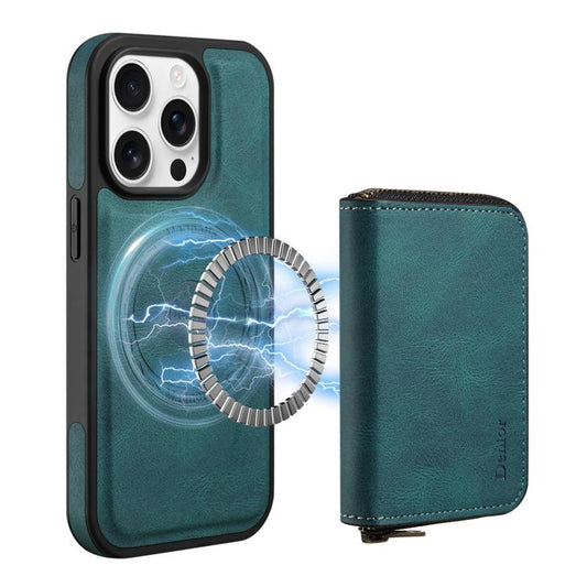 For iPhone 13 Pro Max Denior D26 Skin Feel MagSafe Zipper Bag Leather Phone Case(Blue) - iPhone 13 Pro Max Cases by Denior | Online Shopping UK | buy2fix