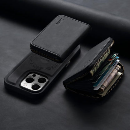For iPhone 13 Pro Denior D26 Skin Feel MagSafe Zipper Bag Leather Phone Case(Black) - iPhone 13 Pro Cases by Denior | Online Shopping UK | buy2fix