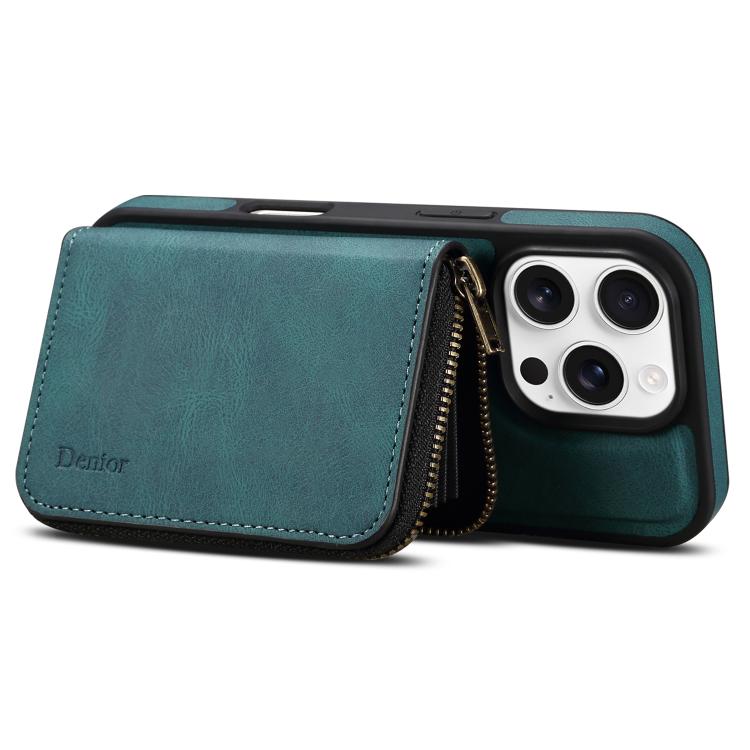 For iPhone 12 / 12 Pro Denior D26 Skin Feel MagSafe Zipper Bag Leather Phone Case(Blue) - iPhone 12 / 12 Pro Cases by Denior | Online Shopping UK | buy2fix
