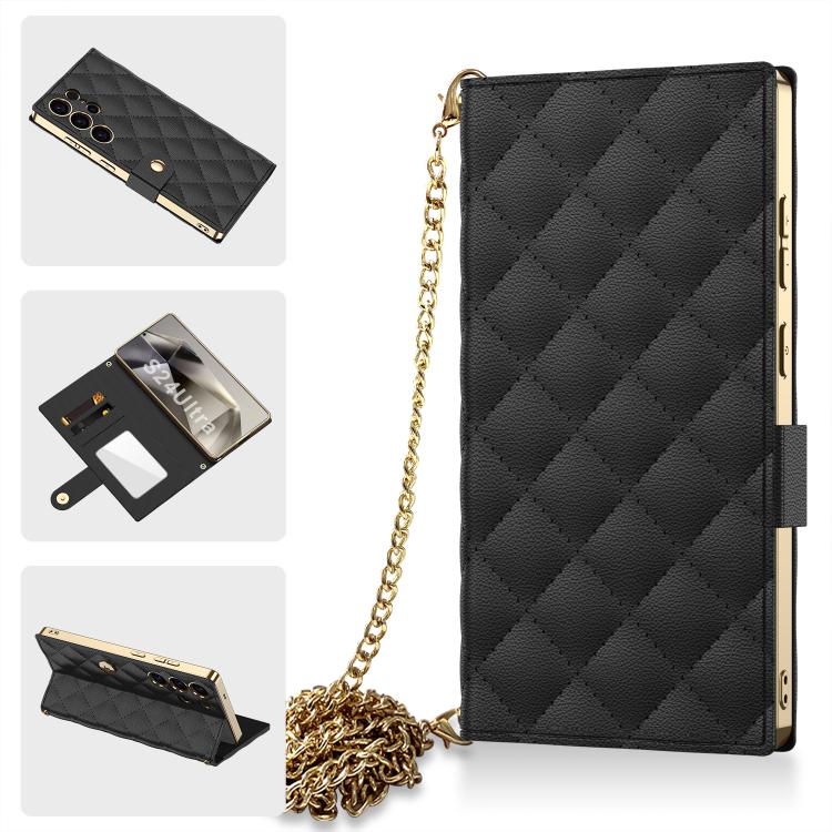 For Samsung Galaxy S24 Ultra 5G GKK Plating Diamond Texture Leather Phone Case With Crossbody Chain(Black) - Galaxy S24 Ultra 5G Cases by GKK | Online Shopping UK | buy2fix