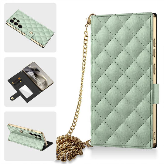 For Samsung Galaxy S24 Ultra 5G GKK Plating Diamond Texture Leather Phone Case With Crossbody Chain(Matcha Green)