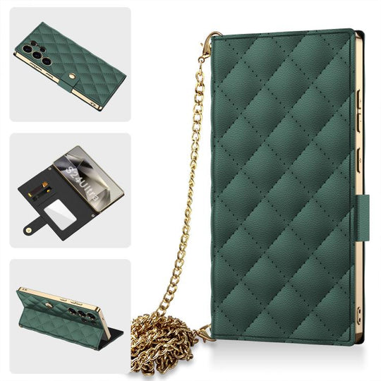 For Samsung Galaxy S24 Ultra 5G GKK Plating Diamond Texture Leather Phone Case With Crossbody Chain(Emerald)