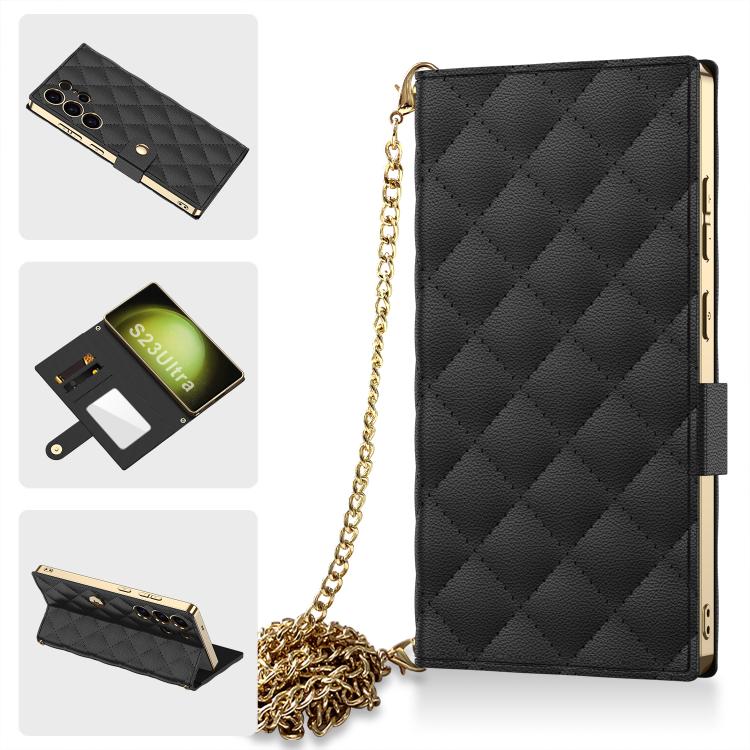 For Samsung Galaxy S23 Ultra 5G GKK Plating Diamond Texture Leather Phone Case With Crossbody Chain(Black) - Galaxy S23 Ultra 5G Cases by GKK | Online Shopping UK | buy2fix