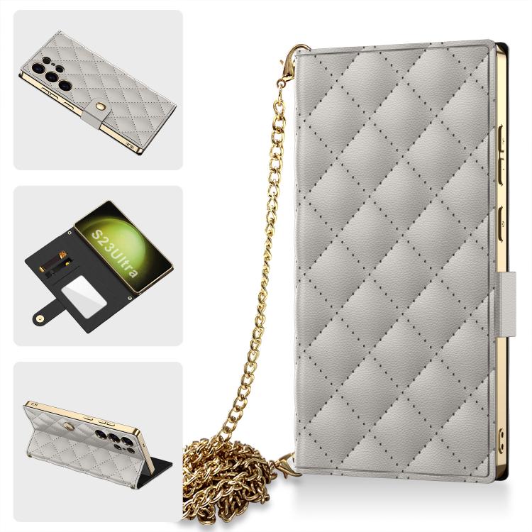 For Samsung Galaxy S23 Ultra 5G GKK Plating Diamond Texture Leather Phone Case With Crossbody Chain(Titanium Gray) - Galaxy S23 Ultra 5G Cases by GKK | Online Shopping UK | buy2fix