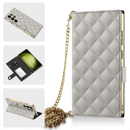 For Samsung Galaxy S23 Ultra 5G GKK Plating Diamond Texture Leather Phone Case With Crossbody Chain(Titanium Gray)