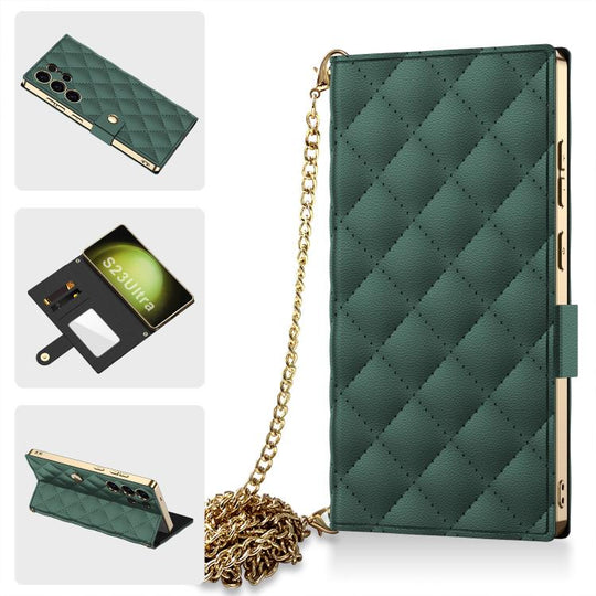 For Samsung Galaxy S23 Ultra 5G GKK Plating Diamond Texture Leather Phone Case With Crossbody Chain(Emerald)