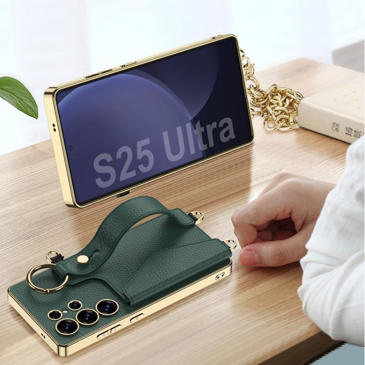 For Samsung Galaxy S25 Ultra 5G GKK Plating Leather Card Holder Full Coverage Phone Case With Bracelet(Black) - Galaxy S25 Ultra 5G Cases by GKK | Online Shopping UK | buy2fix