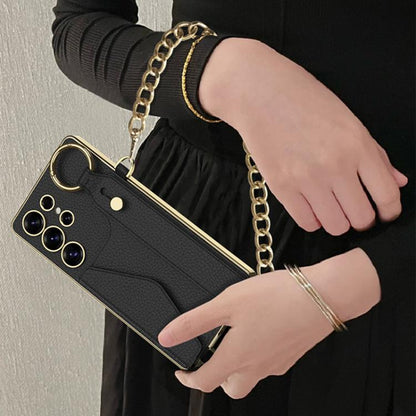 For Samsung Galaxy S25 Ultra 5G GKK Plating Leather Card Holder Full Coverage Phone Case With Bracelet(Black) - Galaxy S25 Ultra 5G Cases by GKK | Online Shopping UK | buy2fix
