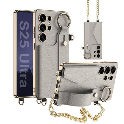 For Samsung Galaxy S25 Ultra 5G GKK Plating Leather Card Holder Full Coverage Phone Case With Bracelet(Titanium Gray) - Galaxy S25 Ultra 5G Cases by GKK | Online Shopping UK | buy2fix