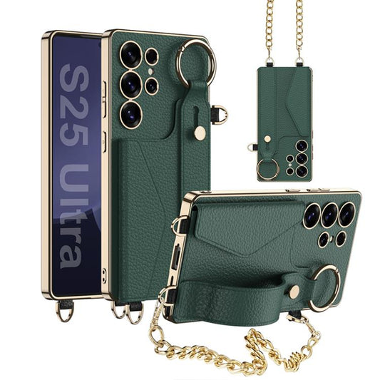 For Samsung Galaxy S25 Ultra 5G GKK Plating Leather Card Holder Full Coverage Phone Case With Bracelet(Emerald) - Galaxy S25 Ultra 5G Cases by GKK | Online Shopping UK | buy2fix