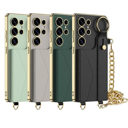 For Samsung Galaxy S25 Ultra 5G GKK Plating Leather Card Holder Full Coverage Phone Case With Bracelet(Emerald) - Galaxy S25 Ultra 5G Cases by GKK | Online Shopping UK | buy2fix