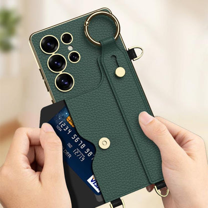 For Samsung Galaxy S25 Ultra 5G GKK Plating Leather Card Holder Full Coverage Phone Case With Bracelet(Matcha Green) - Galaxy S25 Ultra 5G Cases by GKK | Online Shopping UK | buy2fix