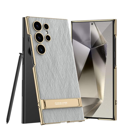 For Samsung Galaxy S24 Ultra 5G GKK Triumph Ultra-Thin Plain Leather Silver Brocade Phone Case with Holder(Silver Brocade Grey)