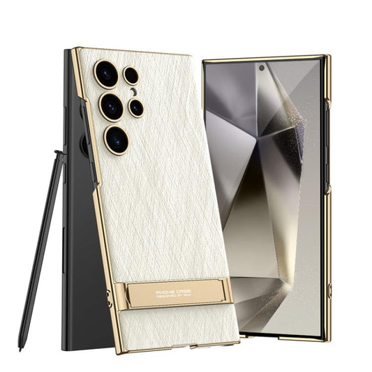 For Samsung Galaxy S24 Ultra 5G GKK Triumph Ultra-Thin Plain Leather Silver Brocade Phone Case with Holder(Silver Brocade White) - Galaxy S24 Ultra 5G Cases by GKK | Online Shopping UK | buy2fix