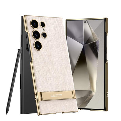 For Samsung Galaxy S24 Ultra 5G GKK Triumph Ultra-Thin Plain Leather Silver Brocade Phone Case with Holder(Silver Brocade Pink) - Galaxy S24 Ultra 5G Cases by GKK | Online Shopping UK | buy2fix