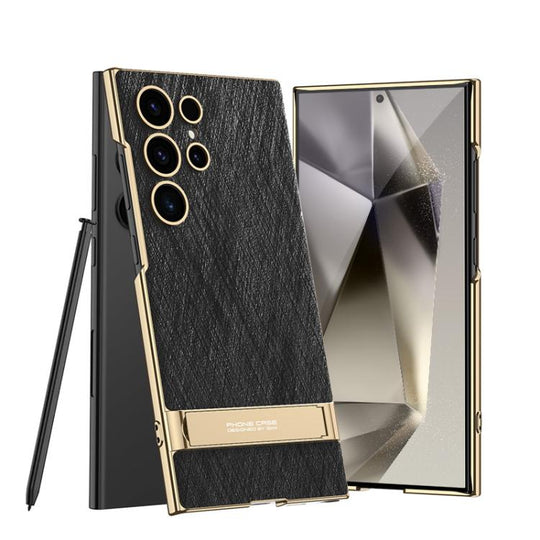 For Samsung Galaxy S24 Ultra 5G GKK Triumph Ultra-Thin Plain Leather Silver Brocade Phone Case with Holder(Silver Brocade Black)