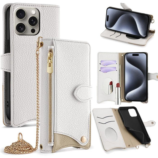 For iPhone 16 Pro Max Crossbody Chain Fishtail Litchi Leather Phone Case(White) - iPhone 16 Pro Max Cases by buy2fix | Online Shopping UK | buy2fix