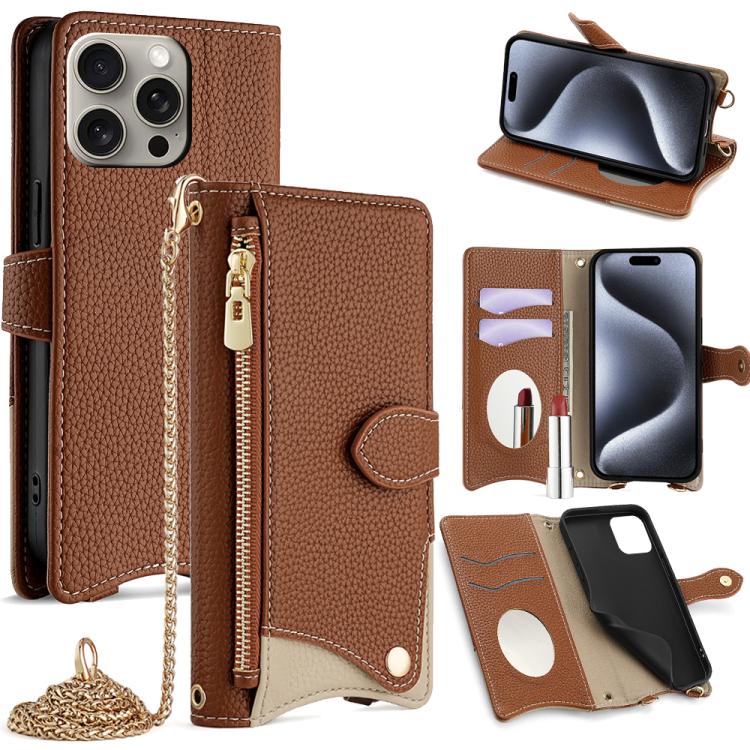For iPhone 16 Pro Crossbody Chain Fishtail Litchi Leather Phone Case(Brown) - iPhone 16 Pro Cases by buy2fix | Online Shopping UK | buy2fix