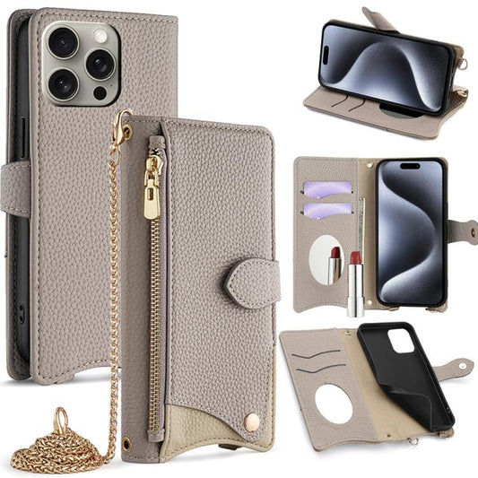 For iPhone 16 Pro Crossbody Chain Fishtail Litchi Leather Phone Case(Grey) - iPhone 16 Pro Cases by buy2fix | Online Shopping UK | buy2fix