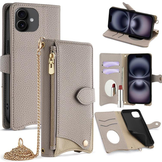 For iPhone 16 Plus Crossbody Chain Fishtail Litchi Leather Phone Case(Grey) - iPhone 16 Plus Cases by buy2fix | Online Shopping UK | buy2fix