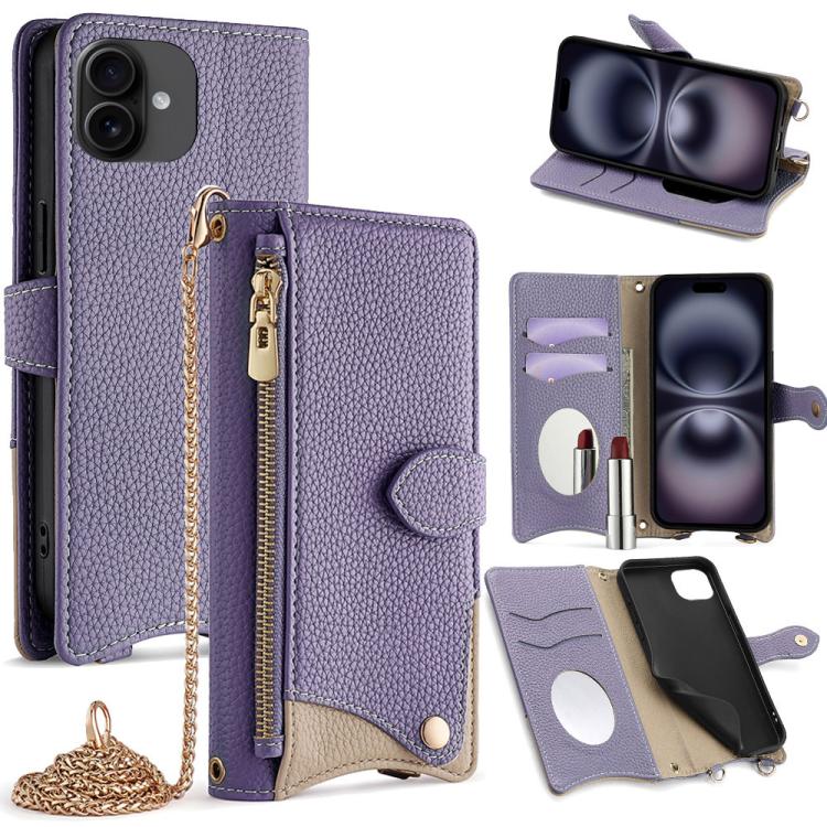 For iPhone 16 Plus Crossbody Chain Fishtail Litchi Leather Phone Case(Purple) - iPhone 16 Plus Cases by buy2fix | Online Shopping UK | buy2fix