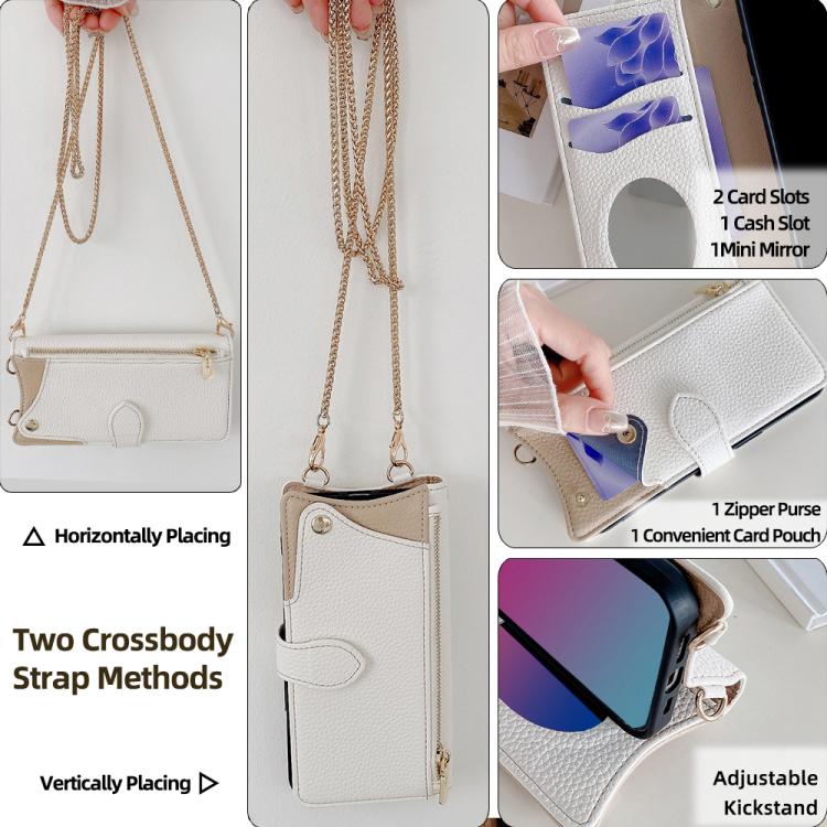 For iPhone 16 Plus Crossbody Chain Fishtail Litchi Leather Phone Case(White) - iPhone 16 Plus Cases by buy2fix | Online Shopping UK | buy2fix