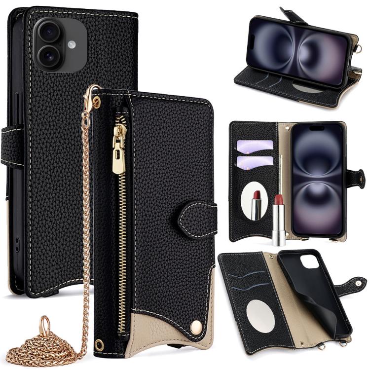 For iPhone 16 Crossbody Chain Fishtail Litchi Leather Phone Case(Black) - iPhone 16 Cases by buy2fix | Online Shopping UK | buy2fix