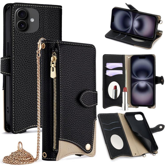 For iPhone 16 Crossbody Chain Fishtail Litchi Leather Phone Case(Black) - iPhone 16 Cases by buy2fix | Online Shopping UK | buy2fix