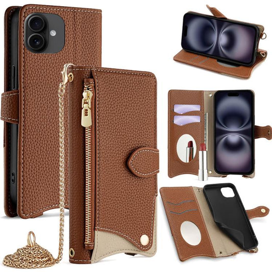 For iPhone 16 Crossbody Chain Fishtail Litchi Leather Phone Case(Brown) - iPhone 16 Cases by buy2fix | Online Shopping UK | buy2fix
