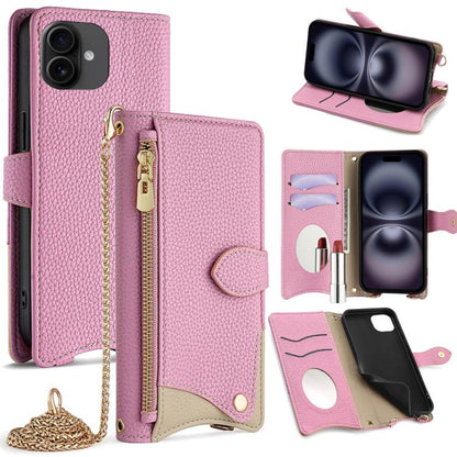 For iPhone 16 Crossbody Chain Fishtail Litchi Leather Phone Case(Pink) - iPhone 16 Cases by buy2fix | Online Shopping UK | buy2fix