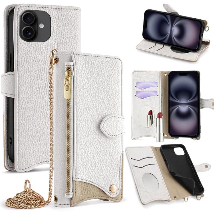 For iPhone 16 Crossbody Chain Fishtail Litchi Leather Phone Case(White) - iPhone 16 Cases by buy2fix | Online Shopping UK | buy2fix