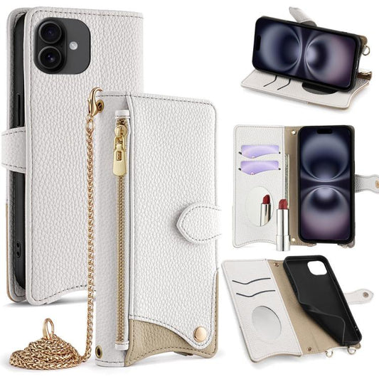 For iPhone 16 Crossbody Chain Fishtail Litchi Leather Phone Case(White) - iPhone 16 Cases by buy2fix | Online Shopping UK | buy2fix