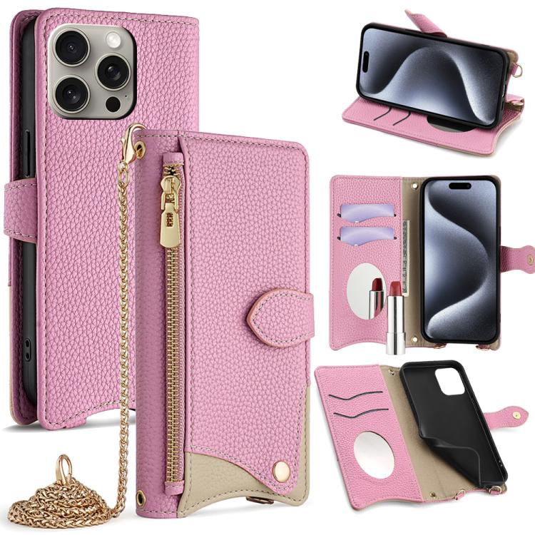 For iPhone 15 Pro Max Crossbody Chain Fishtail Litchi Leather Phone Case(Pink) - iPhone 15 Pro Max Cases by buy2fix | Online Shopping UK | buy2fix