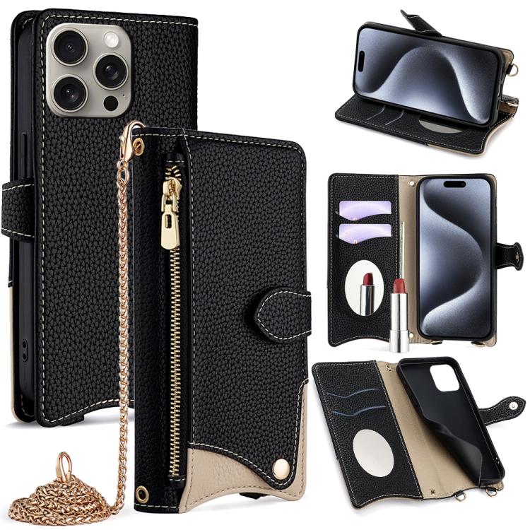 For iPhone 15 Pro Crossbody Chain Fishtail Litchi Leather Phone Case(Black) - iPhone 15 Pro Cases by buy2fix | Online Shopping UK | buy2fix