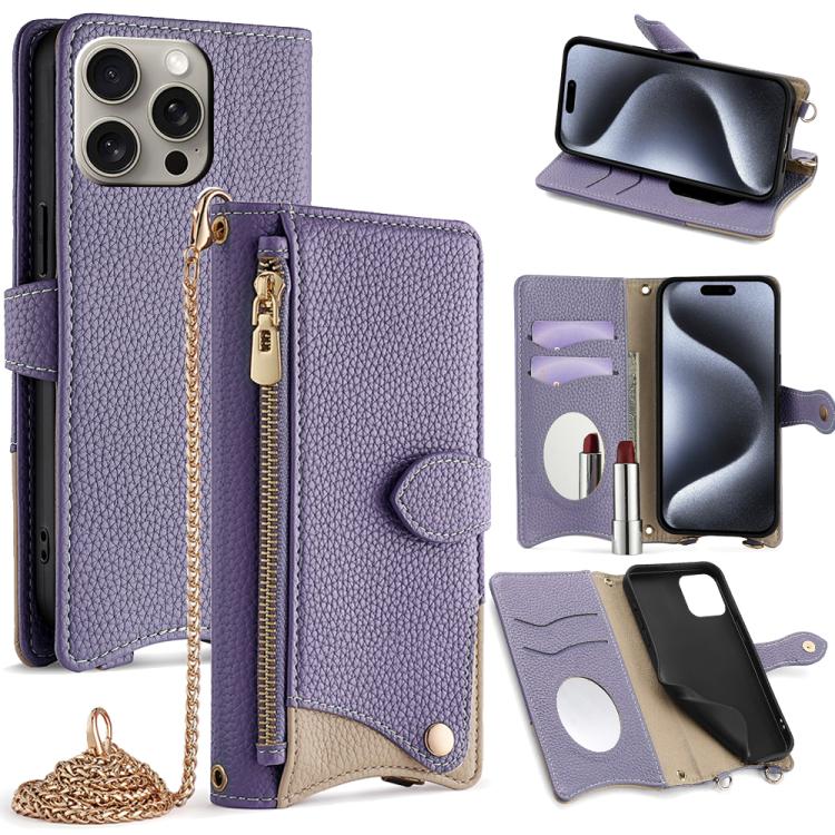 For iPhone 15 Pro Crossbody Chain Fishtail Litchi Leather Phone Case(Purple) - iPhone 15 Pro Cases by buy2fix | Online Shopping UK | buy2fix