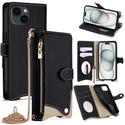 For iPhone 15 Plus Crossbody Chain Fishtail Litchi Leather Phone Case(Black) - iPhone 15 Plus Cases by buy2fix | Online Shopping UK | buy2fix
