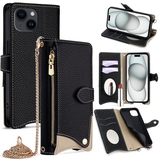 For iPhone 15 Plus Crossbody Chain Fishtail Litchi Leather Phone Case(Black) - iPhone 15 Plus Cases by buy2fix | Online Shopping UK | buy2fix
