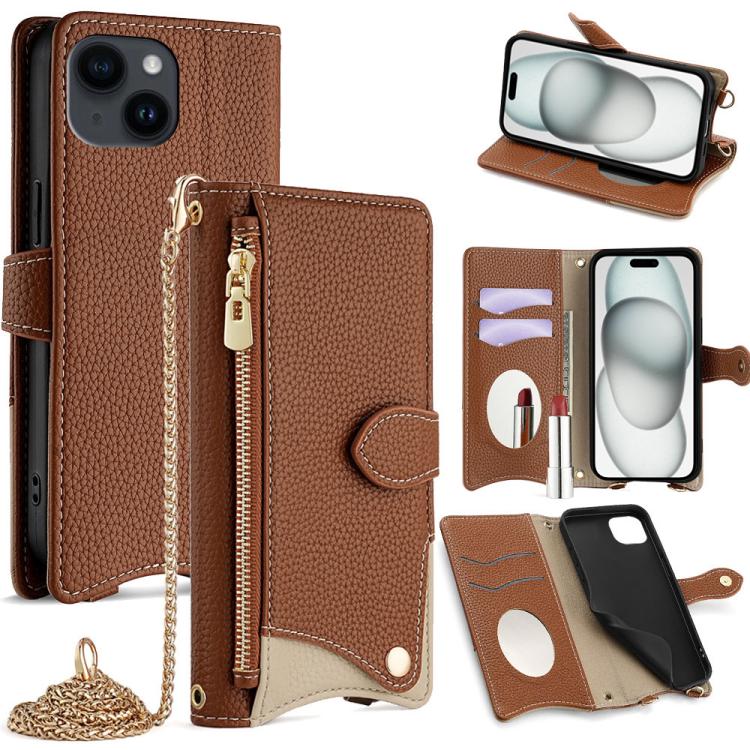 For iPhone 15 Plus Crossbody Chain Fishtail Litchi Leather Phone Case(Brown) - iPhone 15 Plus Cases by buy2fix | Online Shopping UK | buy2fix