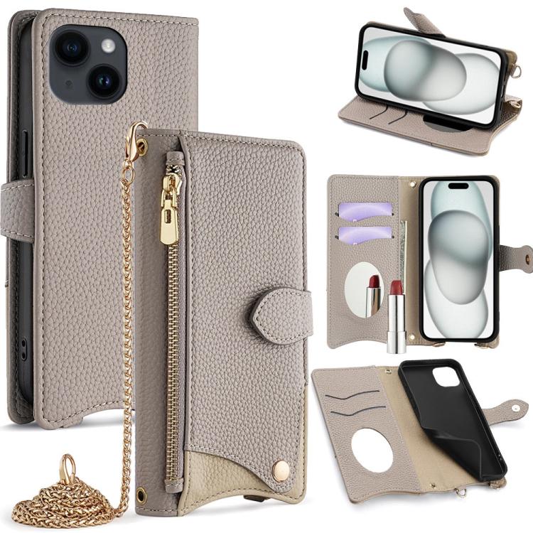 For iPhone 15 Plus Crossbody Chain Fishtail Litchi Leather Phone Case(Grey) - iPhone 15 Plus Cases by buy2fix | Online Shopping UK | buy2fix