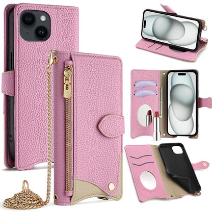For iPhone 15 Plus Crossbody Chain Fishtail Litchi Leather Phone Case(Pink) - iPhone 15 Plus Cases by buy2fix | Online Shopping UK | buy2fix