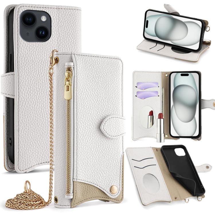 For iPhone 15 Plus Crossbody Chain Fishtail Litchi Leather Phone Case(White) - iPhone 15 Plus Cases by buy2fix | Online Shopping UK | buy2fix