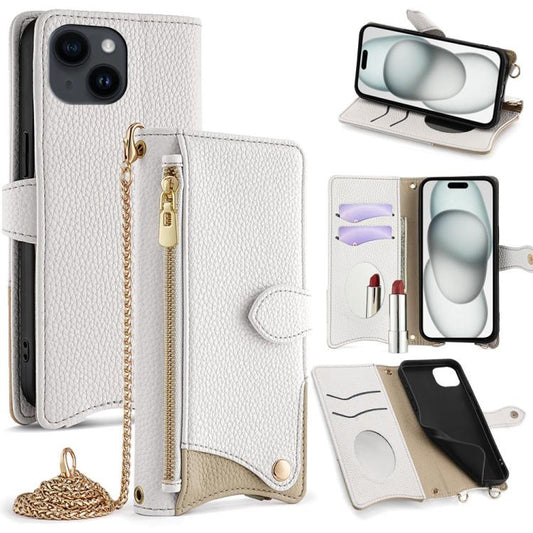For iPhone 15 Plus Crossbody Chain Fishtail Litchi Leather Phone Case(White) - iPhone 15 Plus Cases by buy2fix | Online Shopping UK | buy2fix