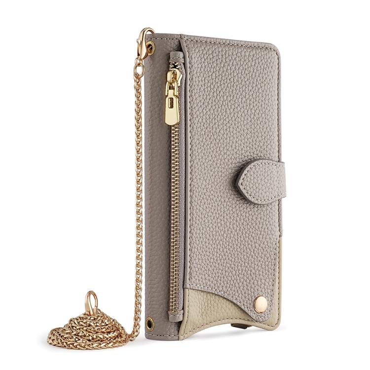 For iPhone 15 Crossbody Chain Fishtail Litchi Leather Phone Case(Grey) - iPhone 15 Cases by buy2fix | Online Shopping UK | buy2fix