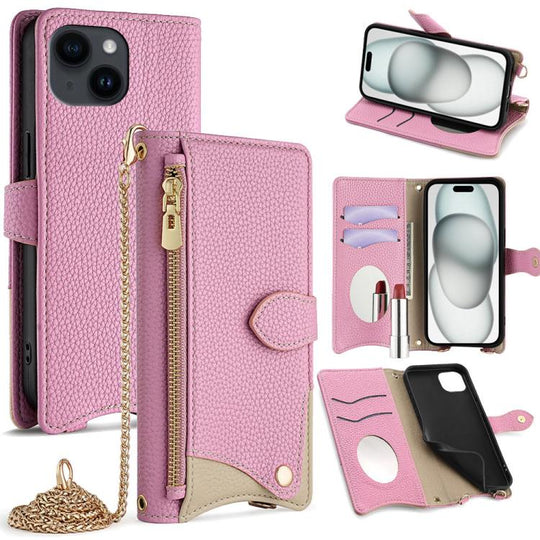For iPhone 15 Crossbody Chain Fishtail Litchi Leather Phone Case(Pink)