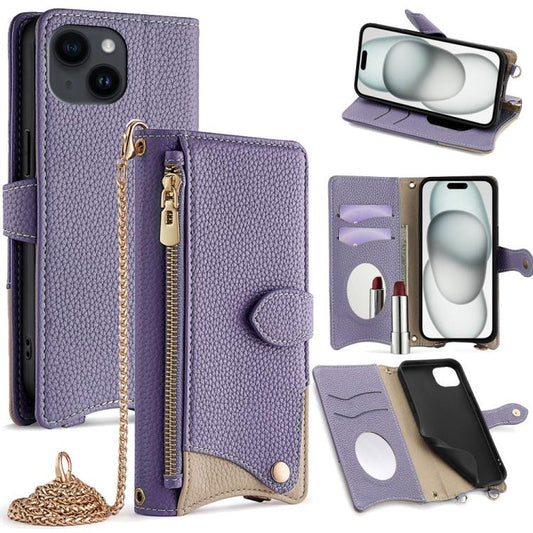For iPhone 15 Crossbody Chain Fishtail Litchi Leather Phone Case(Purple) - iPhone 15 Cases by buy2fix | Online Shopping UK | buy2fix